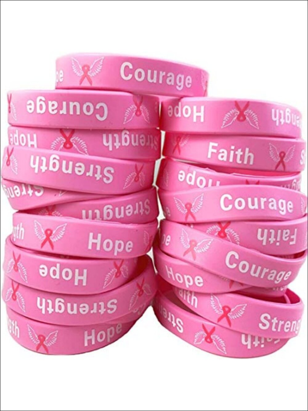 50 Pack Breast Cancer Awareness Silicone Bracelets Hope Faith Courage Wristbands